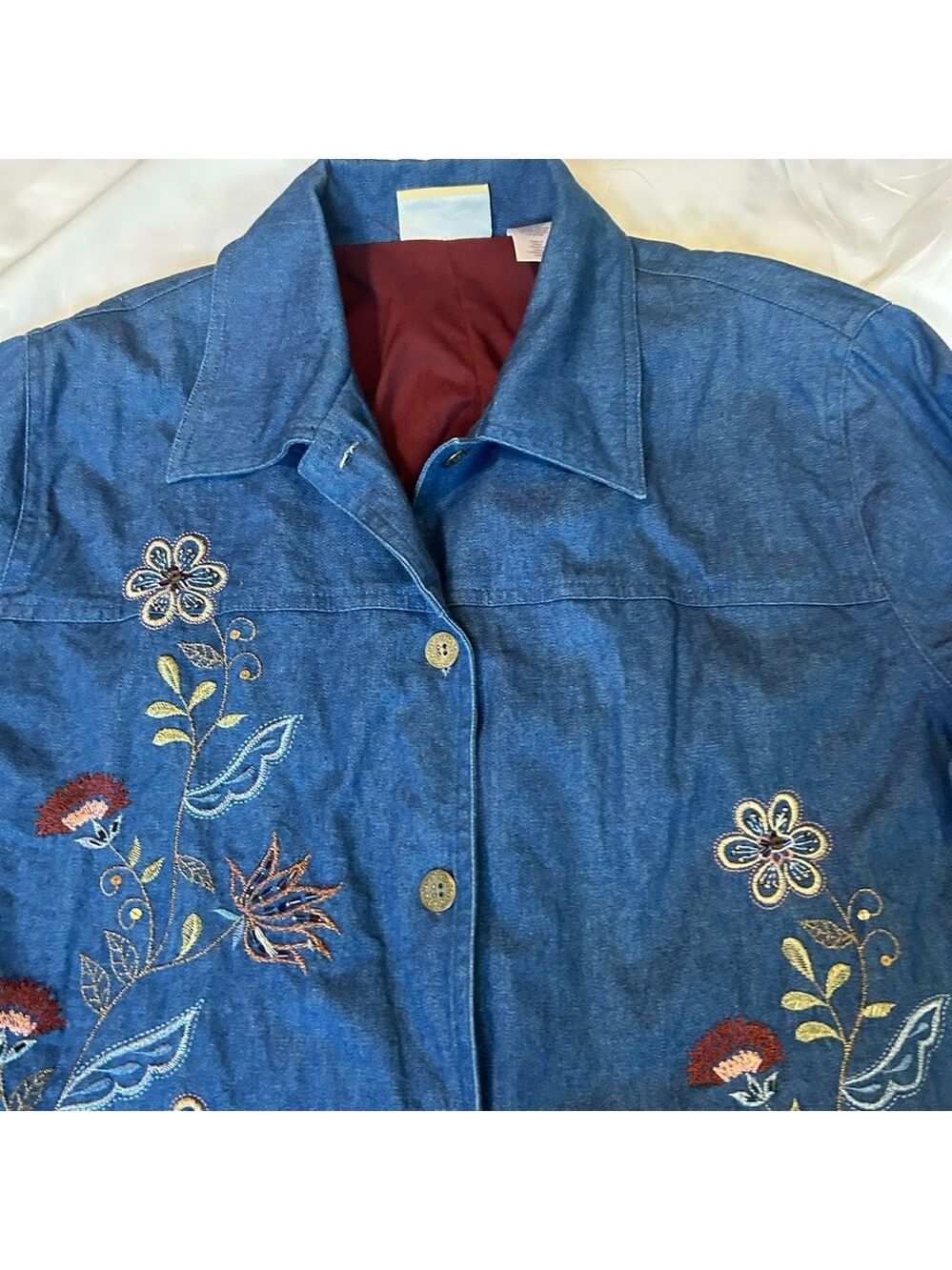 Alfred Dunner Chambray Denim Jacket 16W Blue Floral Embroidered Hippie Cottage - Picture 9 of 15